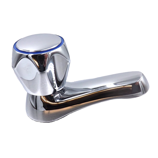 A polished chrome single-handle faucet with a rounded, geometric control knob and a blue accent ring near the top, shown on a plain white background.
