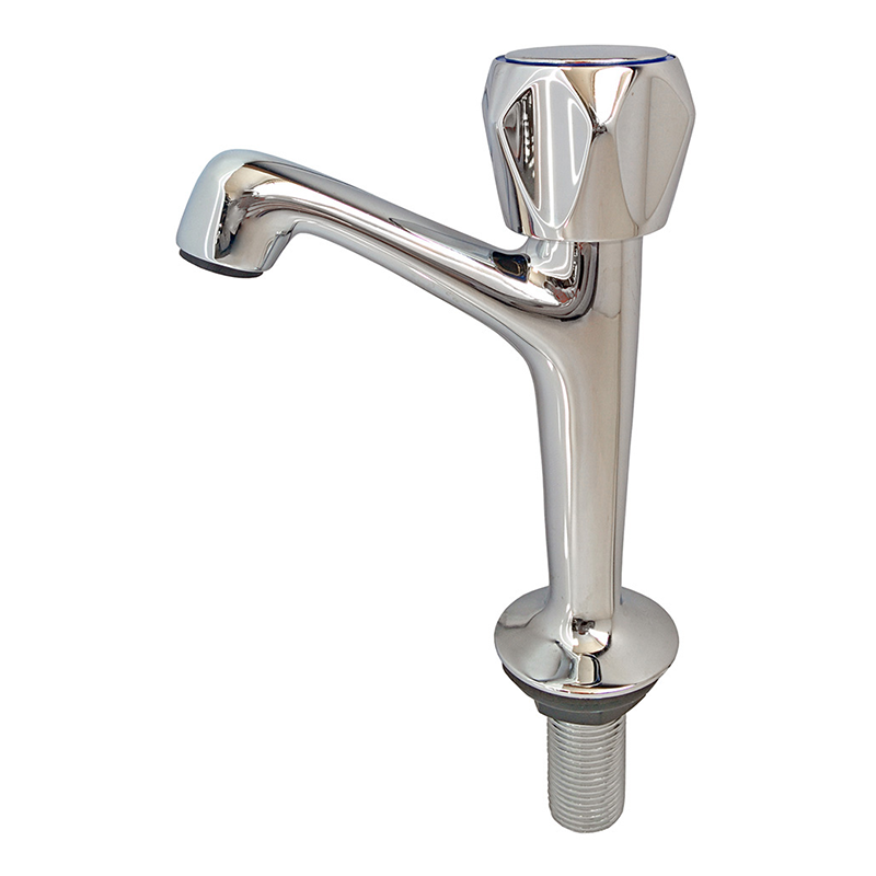 A polished chrome single-handle faucet with a curved spout and a threaded mounting base, shown on a plain white background.