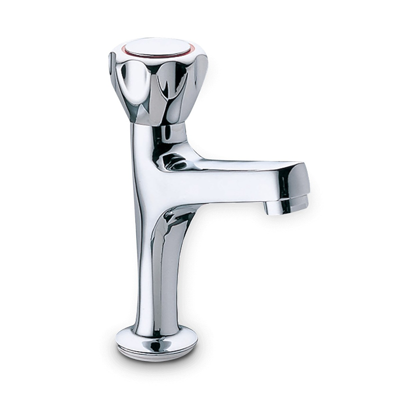 A modern single-handle bathroom faucet with a polished chrome finish, featuring a curved spout and a decorative top knob, shown on a plain white background.