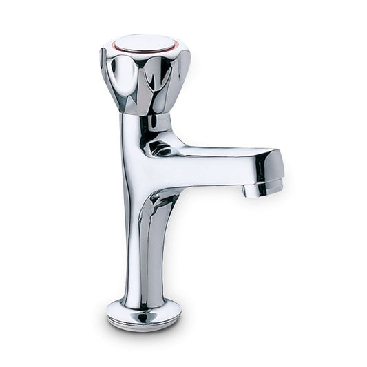 A modern single-handle bathroom faucet with a polished chrome finish, featuring a curved spout and a decorative top knob, shown on a plain white background.