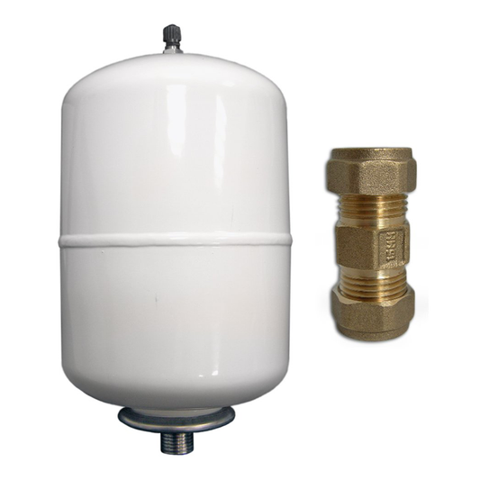 A white cylindrical water pressure relief valve tank with a small metal cap on top and a threaded connection at the bottom, shown next to a brass compression fitting on a plain white background.