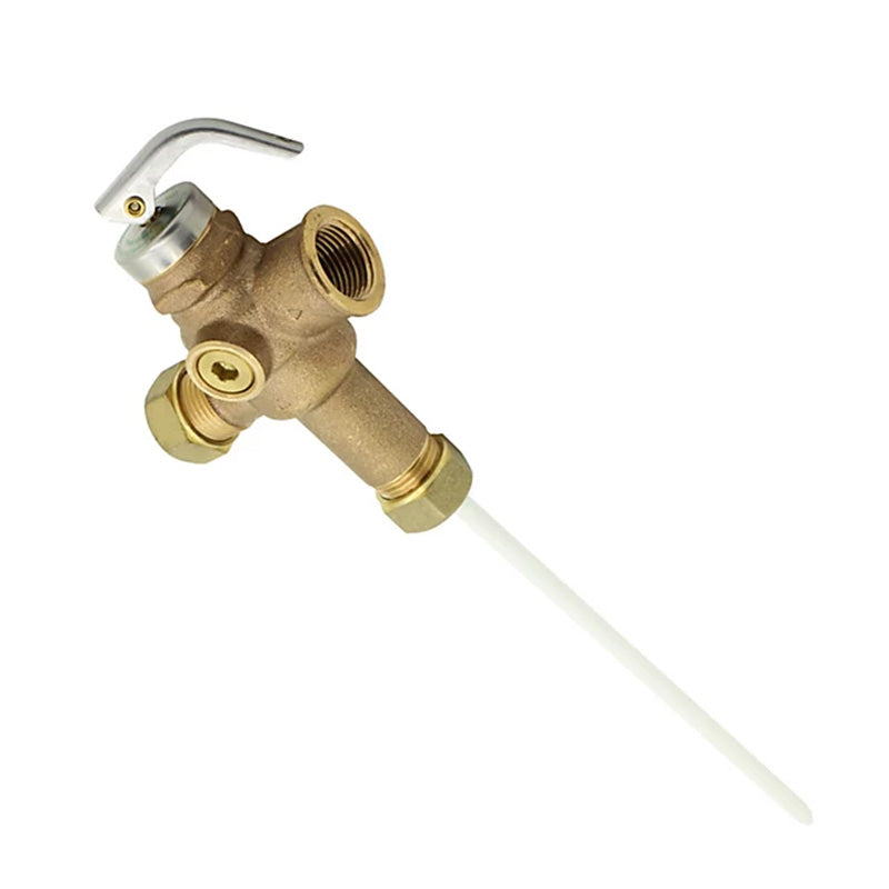 A brass and stainless steel water RELIEF VALVE with a long white tube, shown on a plain white background.