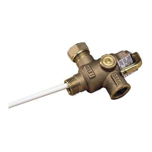 A brass plumbing valve with a white pipe connector, featuring 'INLET' and 'DRAIN' markings on a plain white background.