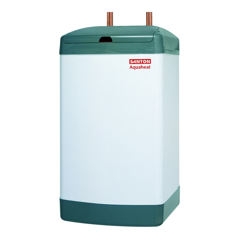 A Santon Aquaheat water heater with a white body, dark grey top and bottom panels, and two copper pipes at the top, shown on a plain white background.