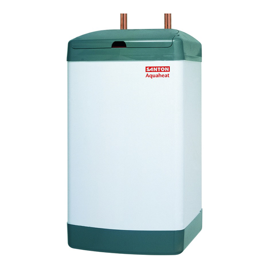 A Santon Aquaheat water heater with a white body, dark grey top and bottom panels, and two copper pipes at the top, shown on a plain white background.