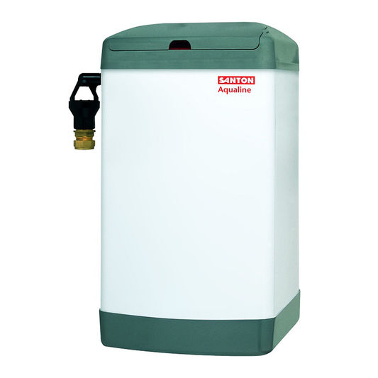 Santon Aqualine water heater in white with dark grey top and bottom panels, featuring a black and brass hose connector on the left side and a red Santon Aqualine logo on the front.