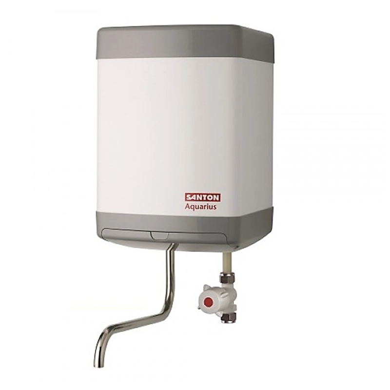A Santon Aquarius water heater with a white body, grey top and bottom trim, a curved metal spout, and a valve assembly with a red handle, shown against a plain white background.