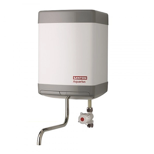 A Santon Aquarius water heater with a white body, grey top and bottom trim, a curved metal spout, and a valve assembly with a red handle, shown against a plain white background.