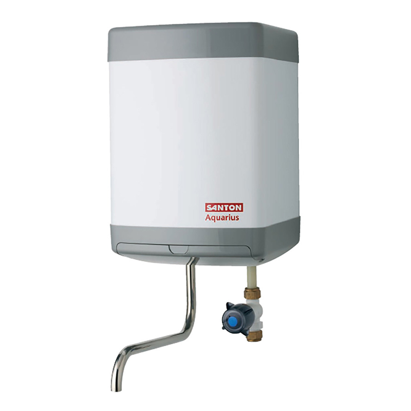 A wall-mounted electric water heater by Santon Aquarius, featuring a white body with grey top and bottom panels, a curved metal pipe, and a blue-and-bronze valve, shown on a plain white background.
