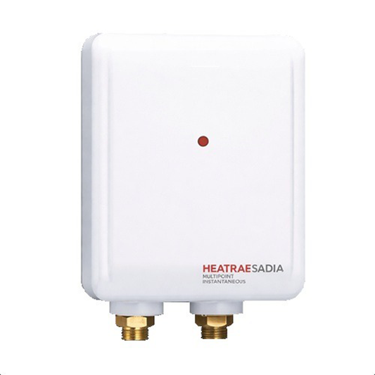 White Heatrae Sadia water heater with a red indicator light on a white background