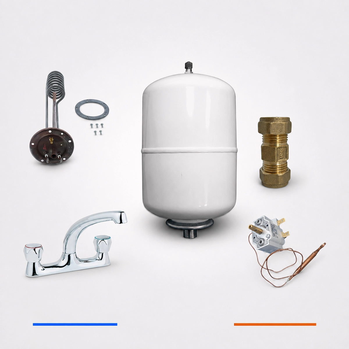 A white cylindrical water heater expansion tank with a chrome faucet, a brass pipe connector, a thermal switch, and an electrical outlet with temperature sensors, arranged on a light gray background.