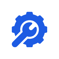 Blue gear icon with a wrench inside on a white background