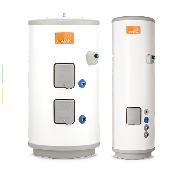 Two white cylindrical water heaters with Megaflo branding on a white background