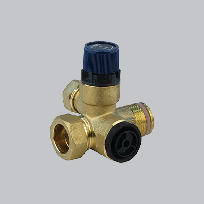 Brass plumbing valve with black and blue components on a gray background