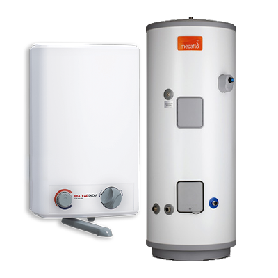 Two white water heaters with visible brand logos on a white background
