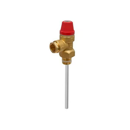 Brass valve with red cap on a white background