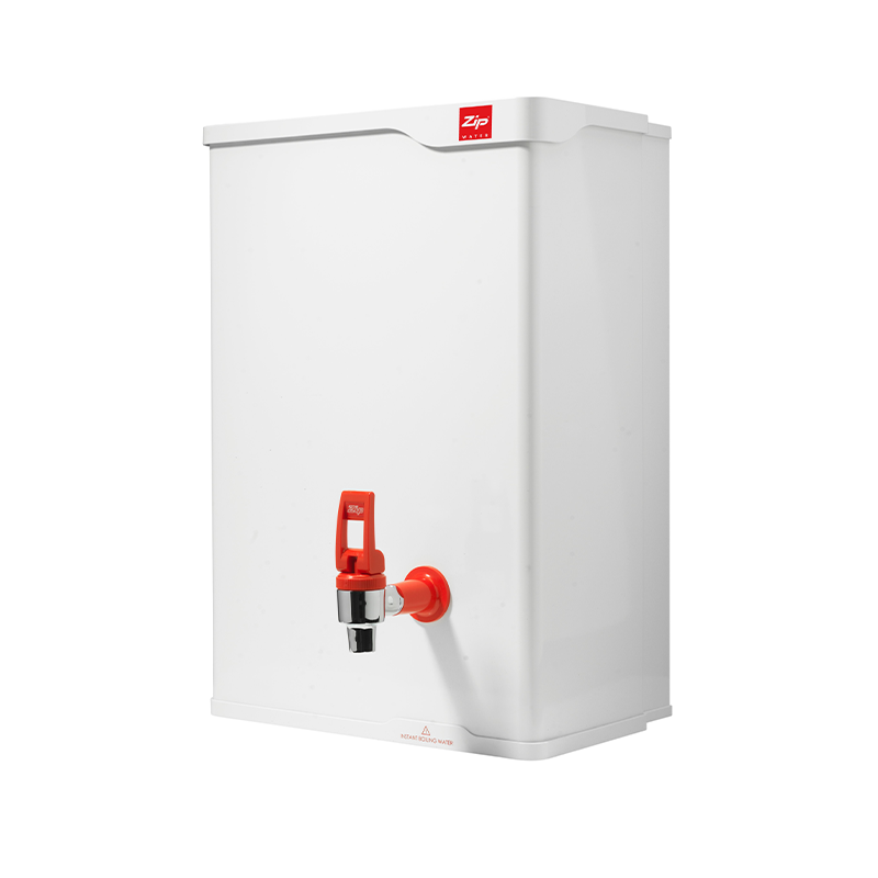 White water cooler with red and silver faucet on a white background