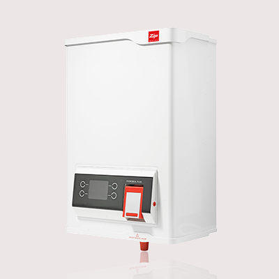 White water heater with digital display on a light gray background